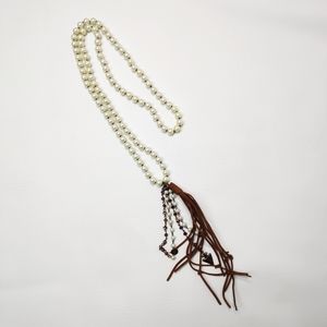 Pearlized Beaded Long Necklace Tassel Fringe Brown
